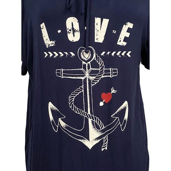 Purple Snow Nautical Love Heart Striped Pullover Hoodie Anchor Navy Stretch 1X - Picture 2 of 5